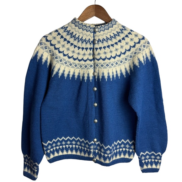 William Schmidt Sweaters - Vintage William Schmidt Norwegian Wool Sweater Blue Nordic Fair Isle Cardigan